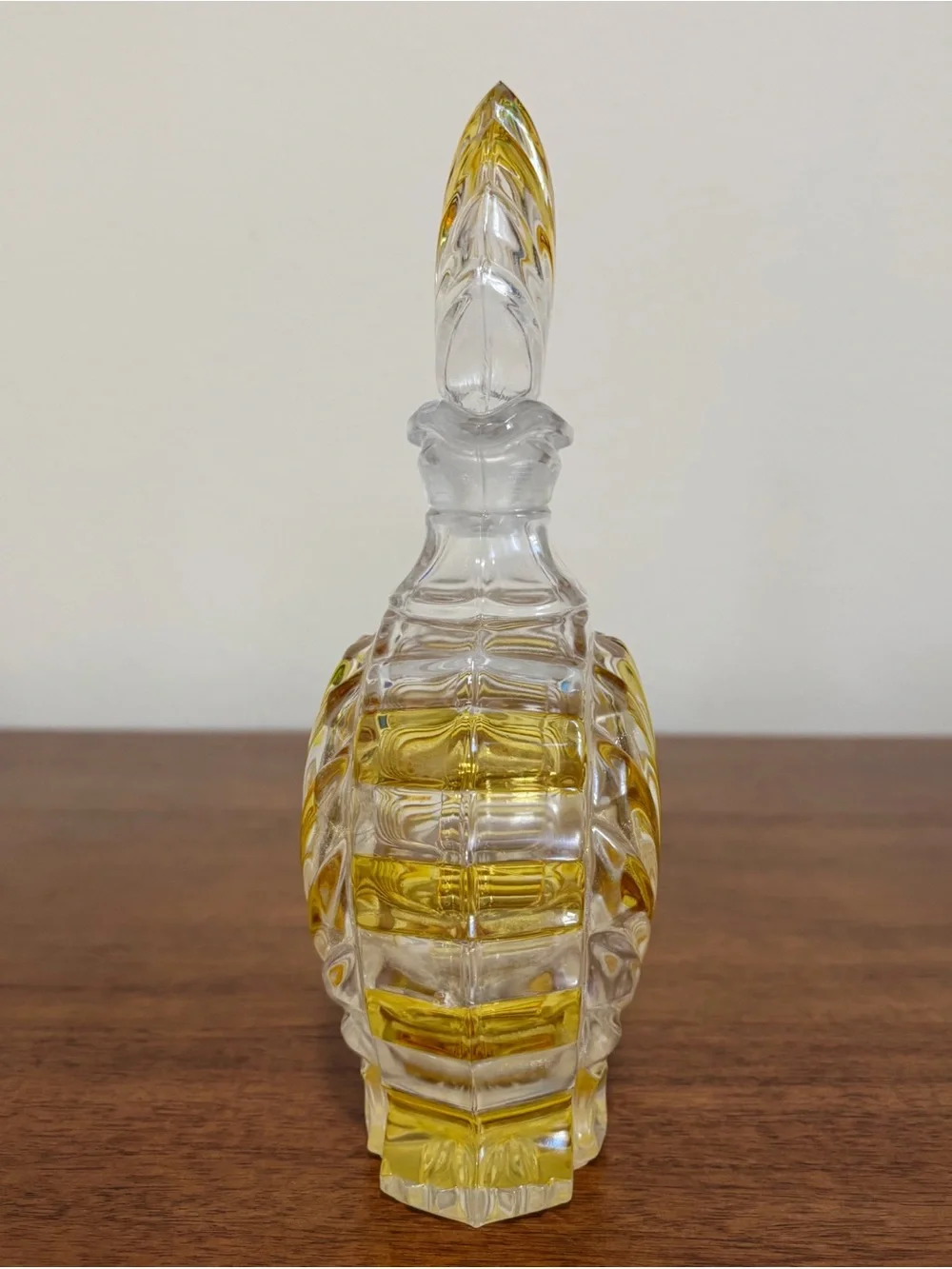 Vintage Bohemian Shell Shaped Amber Clear Glass Decanter 9”